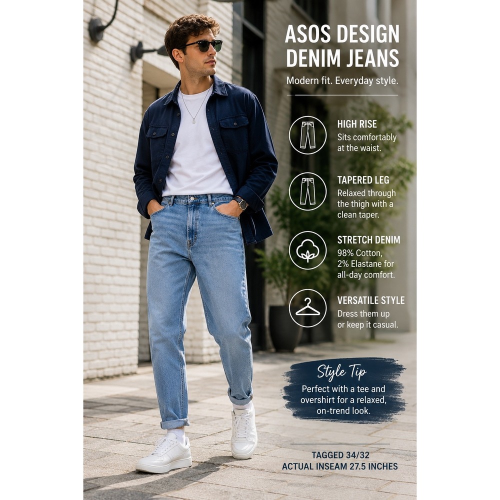 ASOS DESIGN Men's 34x32 Light Wash Tapered Jeans Stretch Denim NWT